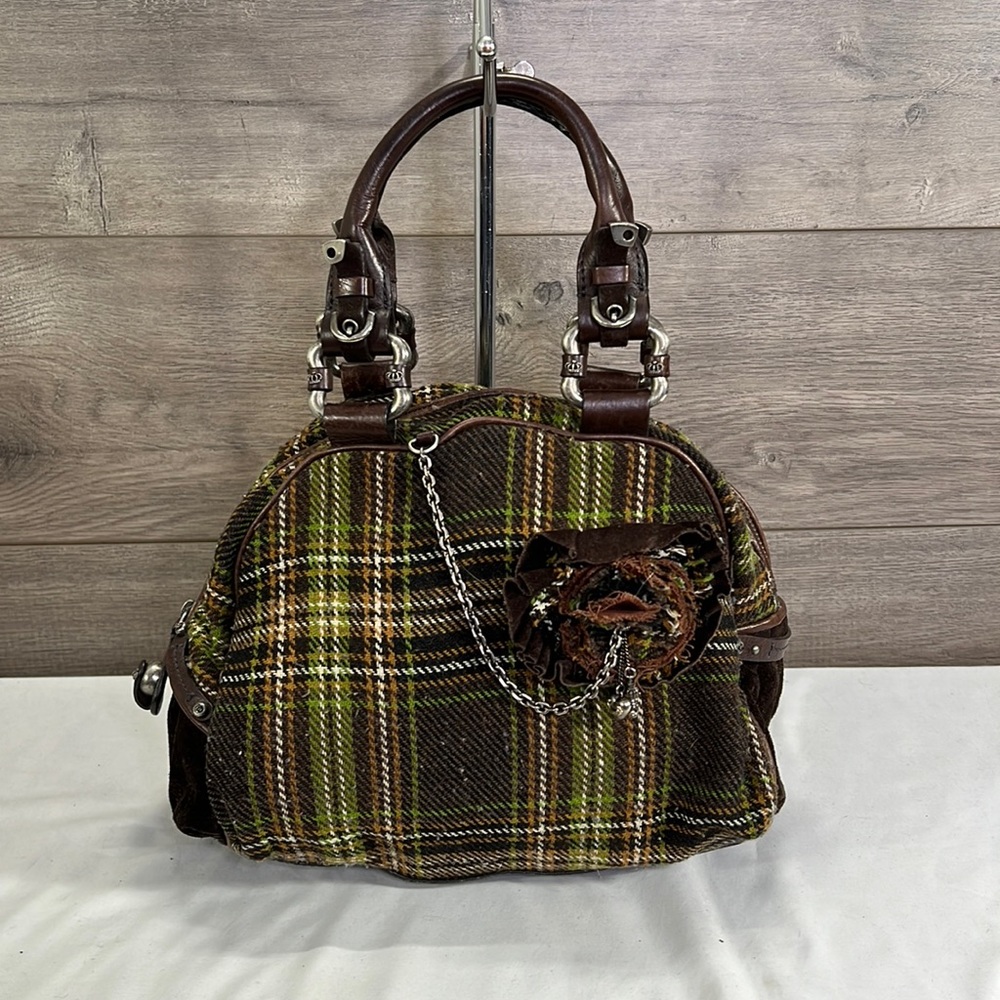 Juicy Couture Green and Brown Plaid Bowler Bag with Flower - Picture 1 of 9